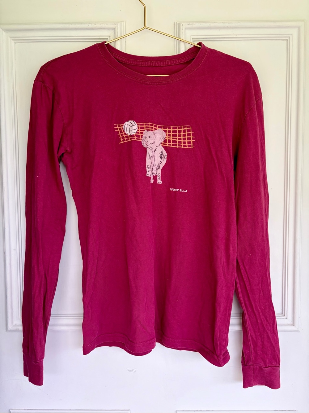 ivory ella Long-Sleeve Tee in Deep Magenta with Elephant Volleyball Graphic